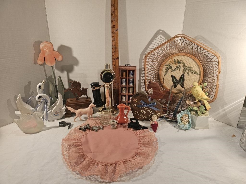 Thimbles On Display Shelf, Wooden Unicorn & Bird