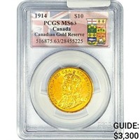 1914 .4838oz. Gold $10 Canada Reserve PCGS MS63