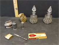 Decanters, lighters, pewter s&p shakers, nail file