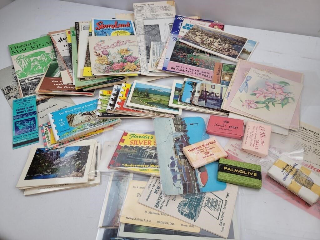 Brochures, souvenir postcards, hotel advertising