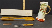 knife set wood inlay w/sharpening stone & pitcher
