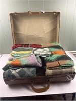 Pair of vintage suitcases full of 12" wool squares
