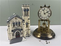 Vintage day clock and Department 56 church