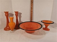 Orange Glassware: Bowls, Candlesticks, Vase