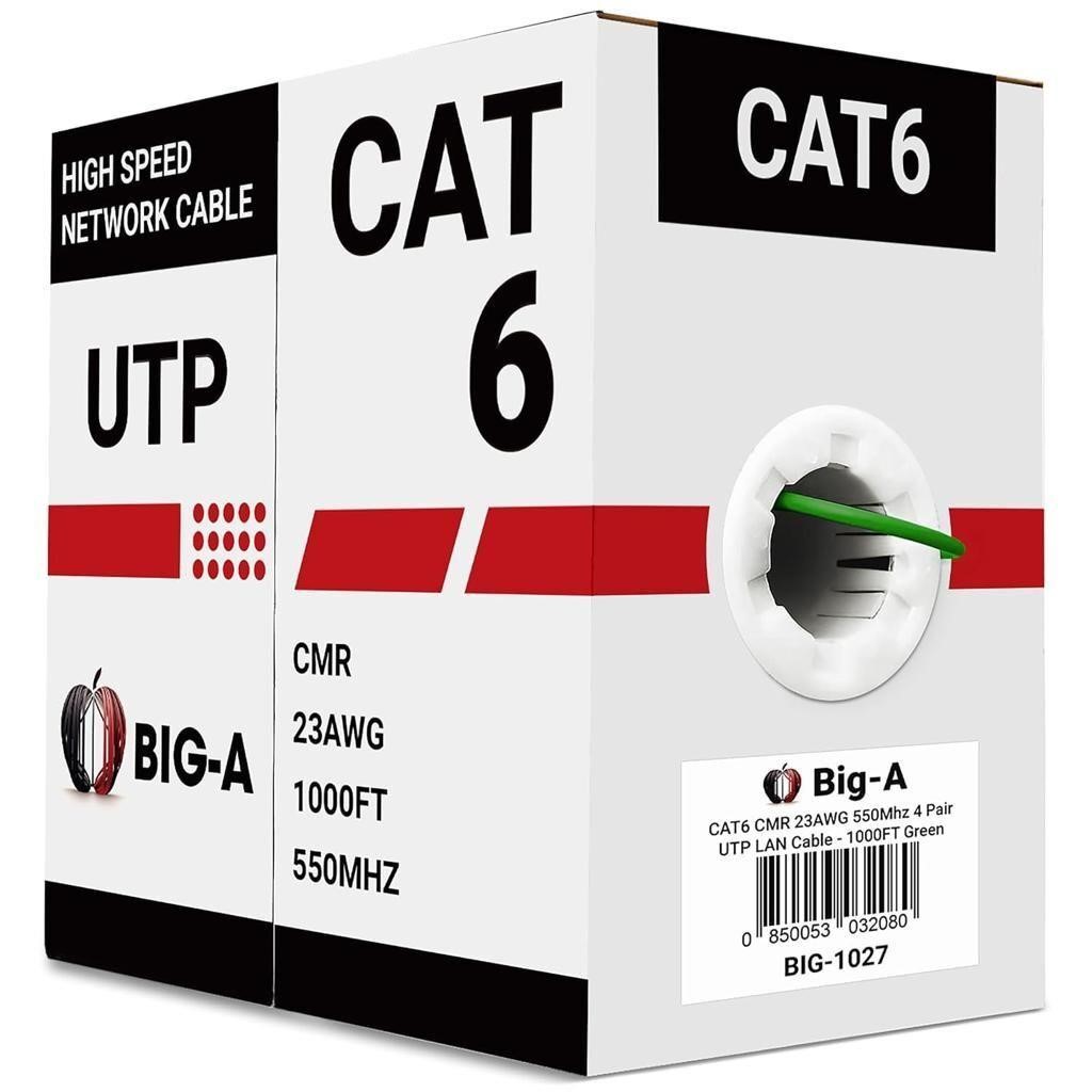 Bulk Cat6 Cable 1000ft 23AWG Solid 4 Pair, Cat 6