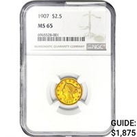 1907 $2.50 Gold Quarter Eagle NGC MS65
