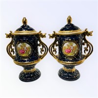 PAIR LIMOGES VASE Double Handle COBALT BLUE & 22KT