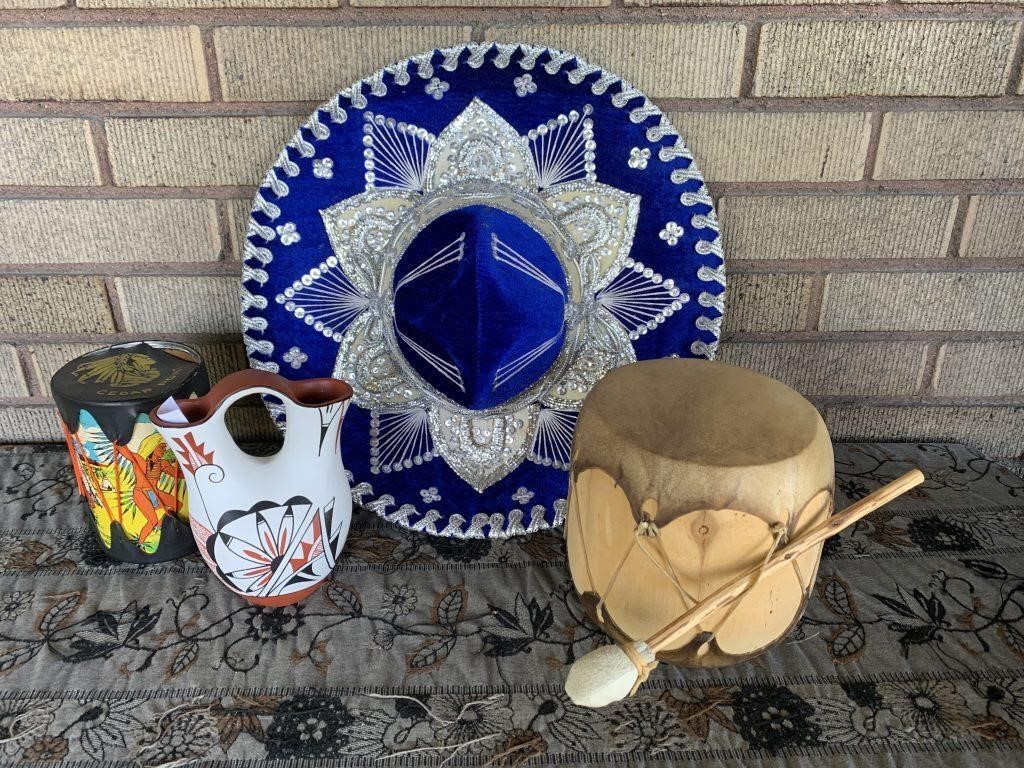 Sombrero + Native Am. pottery, drums