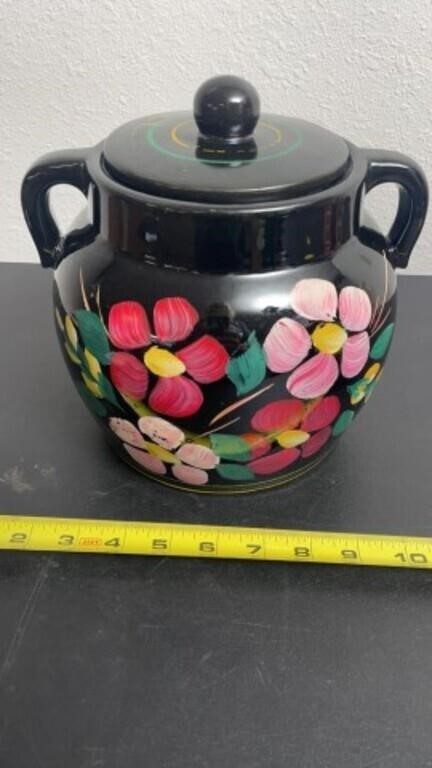 Vintage lidded floral pottery jar, USA