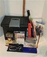 Office Supplies: File Box, Assorted Pens, Scissors