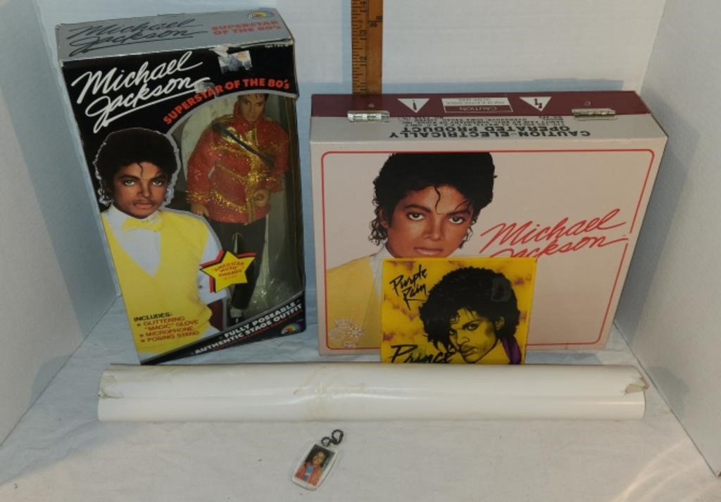 Michael Jackson Lot: Doll, Case, Key Chain, Poster