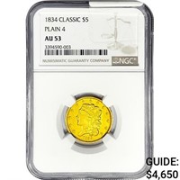 1834 $5 Gold Half Eagle NGC AU53 Plain 4