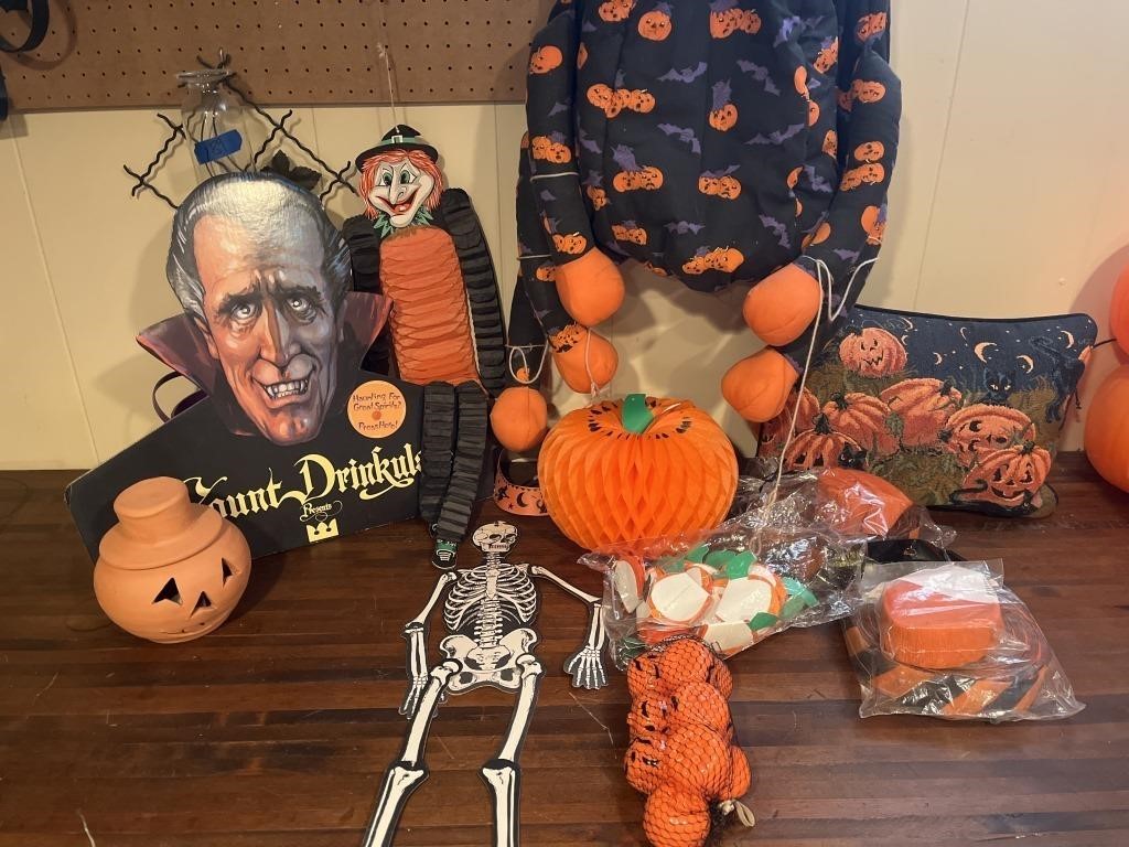Vintage Halloween decor and child’s spider costume