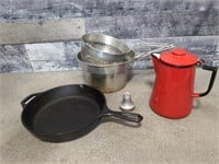 Cast iron pan, enamel tea pot