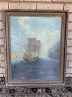 Antique oil painting - ship nautical 1929 signed