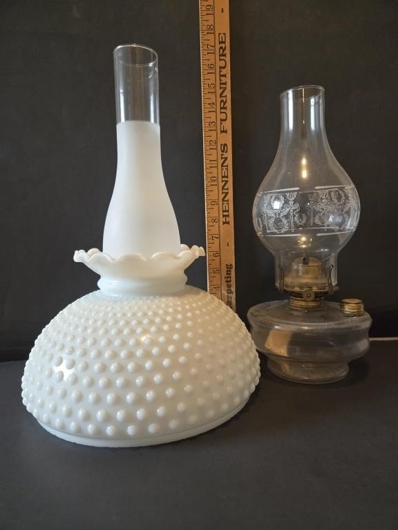 Antique Hurricane Oil Lamp, Chimney & Milk Glass