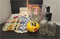 Cook Books, Hand Made Pot Holders, S&P Shakers
