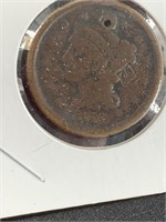 1856 US Large cent, holed and counter struck