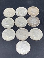 Ten   1964 Kennedy half dollars 90% silver