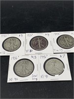 Five Walking Liberty silver half dollars