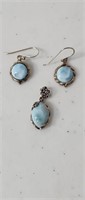 Blue white swirl stone pendant with earrings 925
