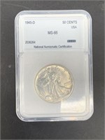 1945 D Walking Liberty silver half dollar MS66 by
