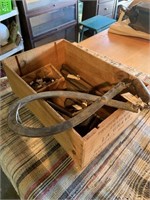 Ice tongs, box of old tools