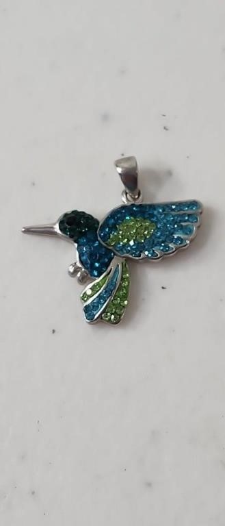 Blue green rhinestone hummingbird pendant marked