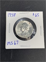 1958 Proof silver Washington quarter around MS67