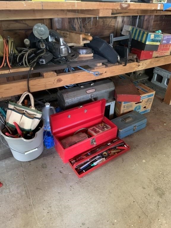2 shelves, tool boxes, tools