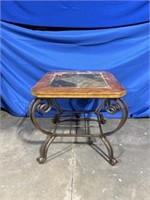 Wood, metal, and stone end table, dimensions are