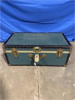 Aqua colored storage trunk, appears to be locked