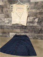 Vintage Eyelet top, jean skirt size unknown,