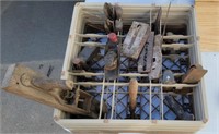 Box of wood planes, parts, blades