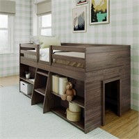 Farmhouse Low Loft Bed, Twin, 2 Bookcases, Brown