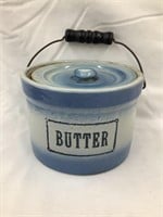 Blue & White Stoneware Butter Crock w/ Lid & Bail