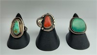 3 Vtg Native Turquoise Coral Sterling Silver Rings