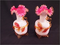 Pair of 10 1/2" high Victorian handled vases,