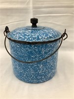 Blue & White Enamel Berry Bucket w/ Lid, 6”T