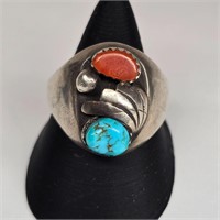 Turquoise Coral Navajo Sterling Silver Ring 10 1/4