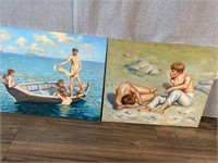 2pc Reproduction Art Nude Male Youths Ocean, Beach