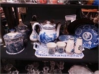 10 blue and white china serving items: teapot,