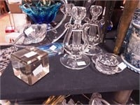 Five crystal items: pair Paden City Lyre pattern