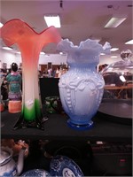 Two contemporary art glass vases: 12" blue and
