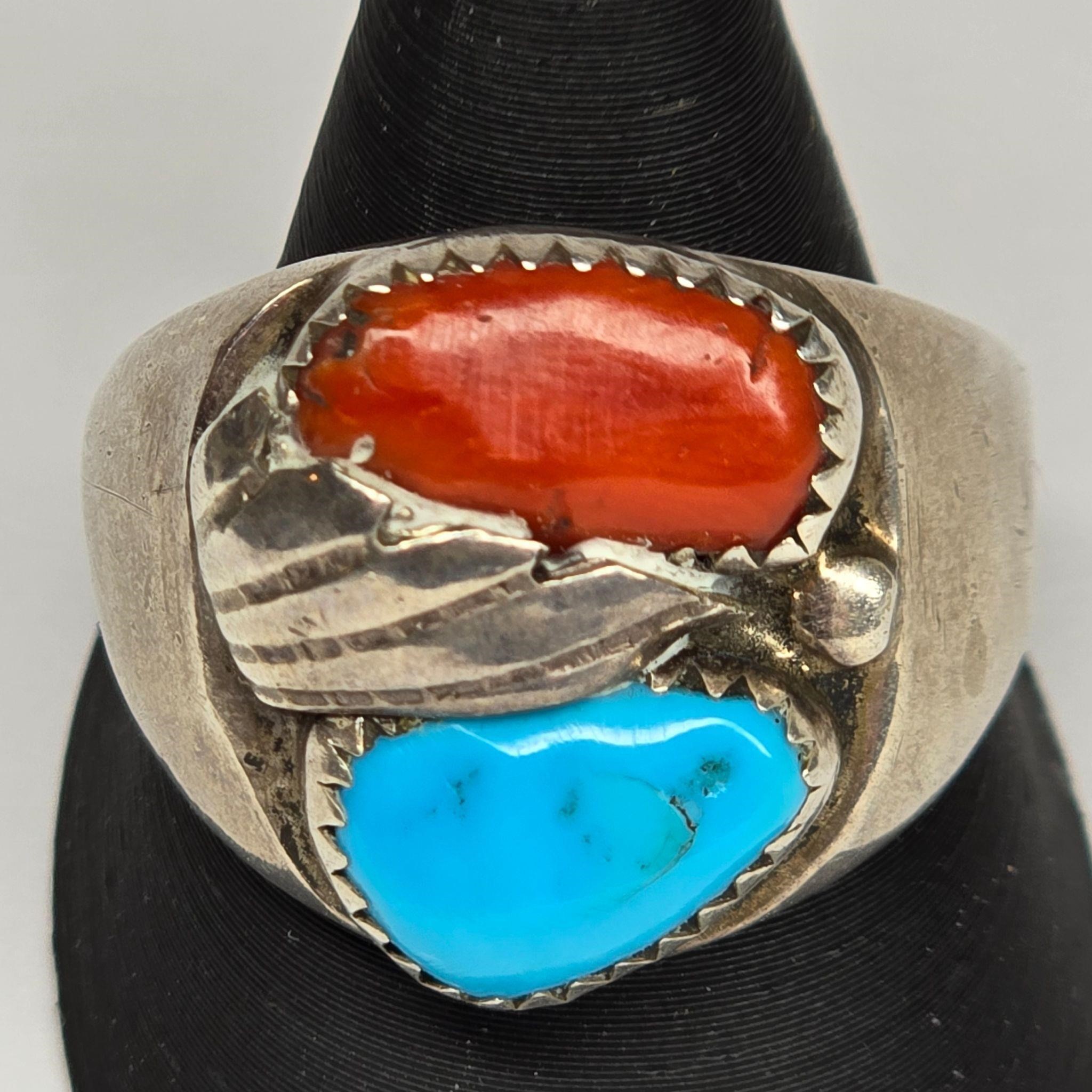 Turquoise Coral Navajo Sterling Silver Mens Ring