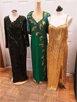 Three beaded and sequinned full-length gowns, all