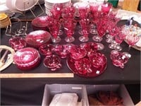 66 pieces Vintage Cranberry glass dinnerware: