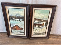 2pc Crespi Snow Scene Paintings: Barn, Bridge