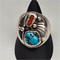 Turquoise Coral Navajo Sterling Silver Mens Ring