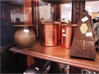Pair of copper lidded canisters; brass spittoon